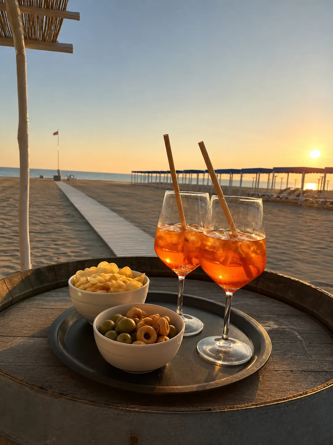 Aperitivo Spritz al tramonto sulla spiaggia del Bagno Carla, Forte dei Marmi