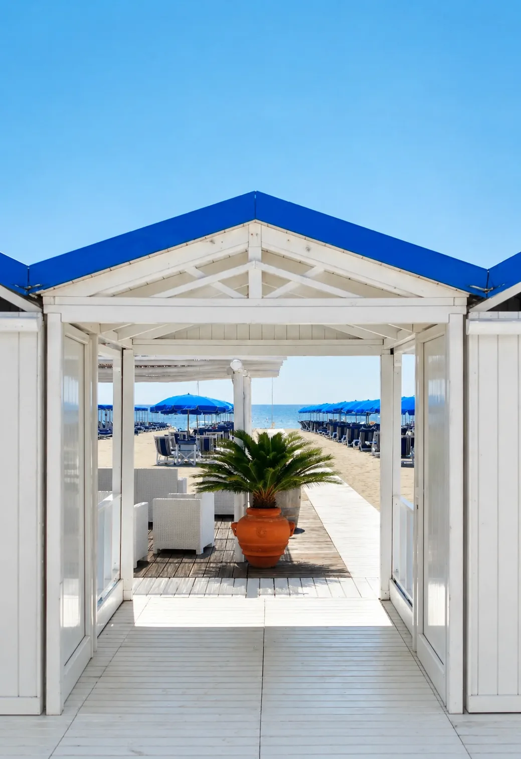Ingresso a portico del Bagno Carla con palma sago e vaso in terracotta, vista verso la spiaggia