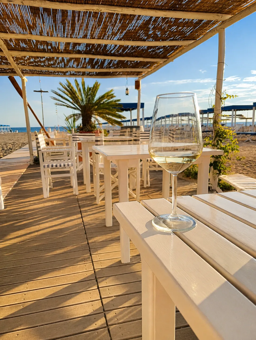 Tavoli e sedie sotto la pergola in canne del bar del Bagno Carla, Forte dei Marmi